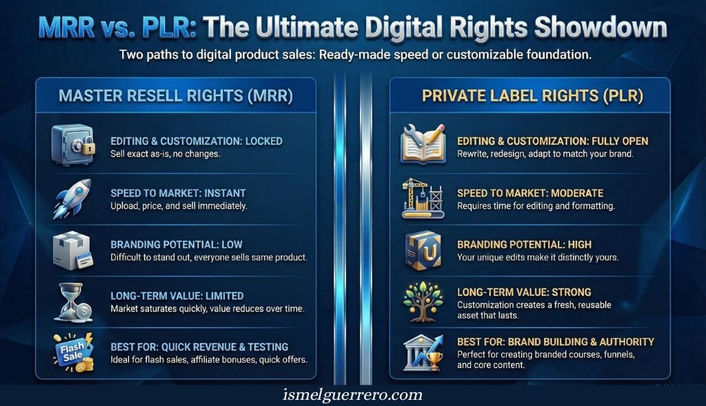 Infographic comparing Master Resell Rights vs Private Label Rights across editing control, speed to market, branding potential, and long-term value.