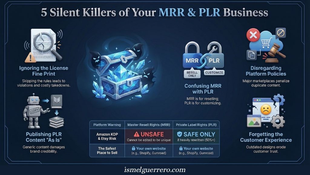 Infographic showing five common MRR and PLR mistakes: ignoring licenses, publishing generic content, confusing usage rights, violating platform rules, and neglecting design.