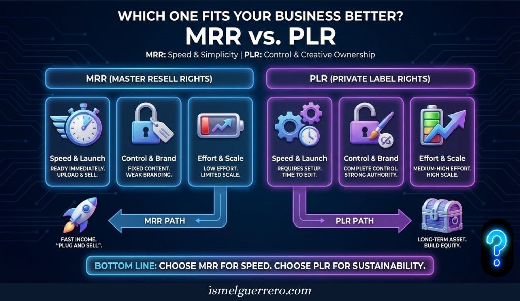 Comparison chart showing MRR as fast, low-effort resale and PLR as customizable, brandable, high-scale content with long-term value.