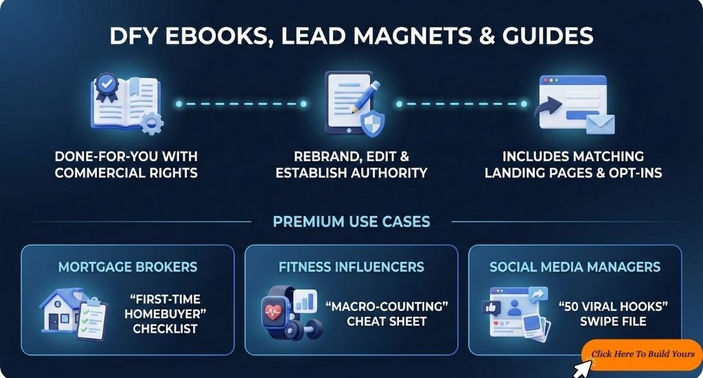 Infographic showing done-for-you ebooks with commercial rights, editable branding, and examples for mortgage brokers, fitness influencers, and social media managers.