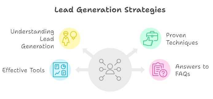 Flowchart of lead generation strategies highlighting understanding lead generation, proven techniques, effective tools, and answers to FAQs.