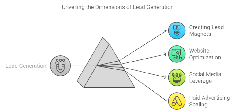 Diagram showing the dimensions of lead generation: creating lead magnets, website optimization, social media leverage, and paid advertising scaling.