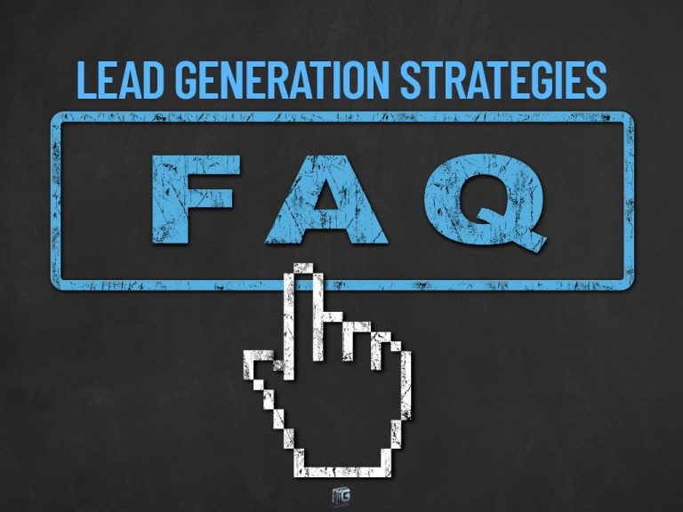 FAQ button with a pixelated cursor below the text “Lead Generation Strategies,” symbolizing answers to common lead generation questions.