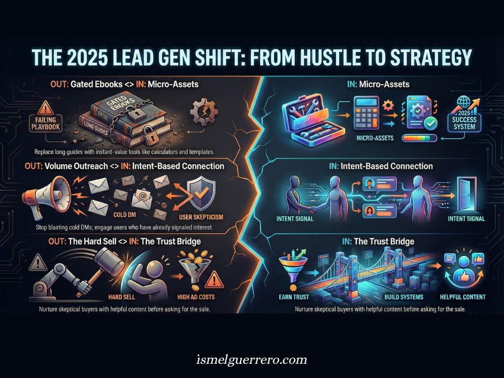 2025 lead generation strategy infographic showing shift from gated eBooks, cold DMs, and hard selling to micro-assets, intent-based connection, and trust-building content.