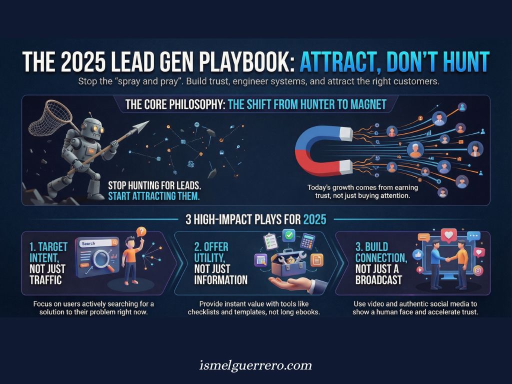 2025 lead generation playbook infographic showing robot hunter vs magnet, with strategies like targeting search intent, offering tools over eBooks, and using video for trust.