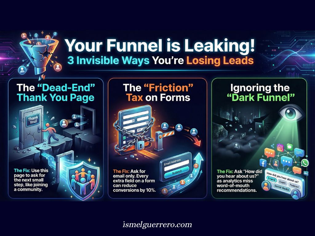 Visual of funnel leaks: dead-end thank you page, friction from form fields, and dark funnel attribution—how to fix each lead loss issue in your marketing funnel.
