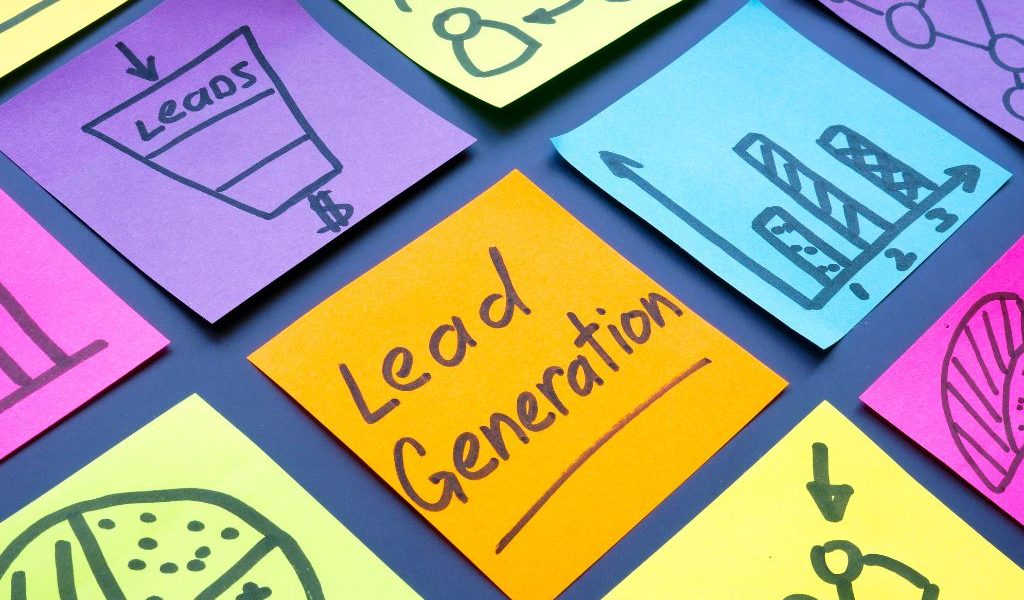 “Colorful sticky notes with hand-drawn marketing icons and a central note labeled ‘Lead Generation.’”
