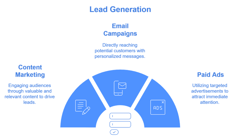 Segmented chart showcasing methods: content marketing, email campaigns, and paid ads.