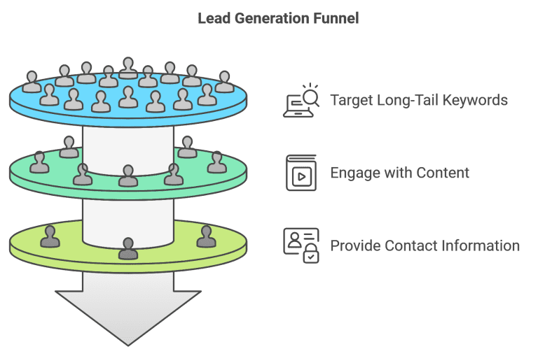 Lead generation funnel graphic illustrating steps: targeting long-tail keywords, engaging with content, and collecting contact information for successful lead conversion.