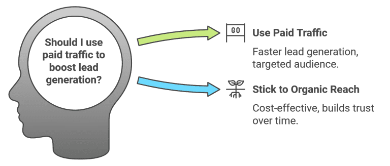 Graphic showing a decision-making process between paid traffic for faster and organic reach for cost-effectiveness and trust-building in lead generation.