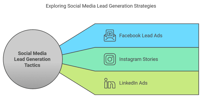 Diagram illustrating social media lead generation strategies: "Facebook Lead Ads," "Instagram Stories," and "LinkedIn Ads," connected to a central theme of lead generation tactics.