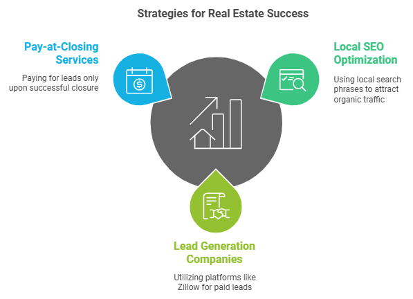 Diagram showing three strategies for real estate success: pay-at-closing services, local SEO optimization, and utilizing lead generation companies like Zillow for paid leads.