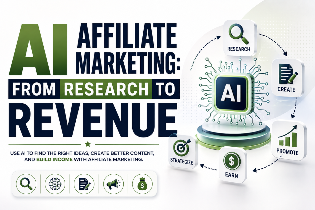 Hero image titled “AI Affiliate Marketing. From Research to Revenue” showing an AI chip surrounded by workflow cards for research, create, promote, earn, and strategize, with supporting text about using AI to find ideas, create better content, and support affiliate marketing.