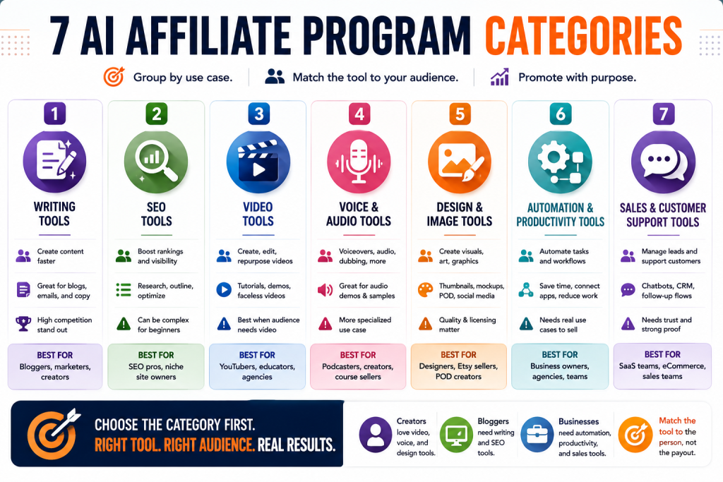 Infographic titled “7 AI Affiliate Program Categories” showing writing, SEO, video, voice and audio, design and image, automation and productivity, and sales and customer support tools, with a reminder to match the tool to the audience.