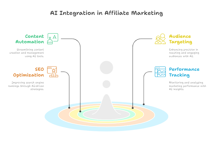 Diagram showing AI integration in affiliate marketing with sections for content automation, SEO optimization, audience targeting, and performance tracking.