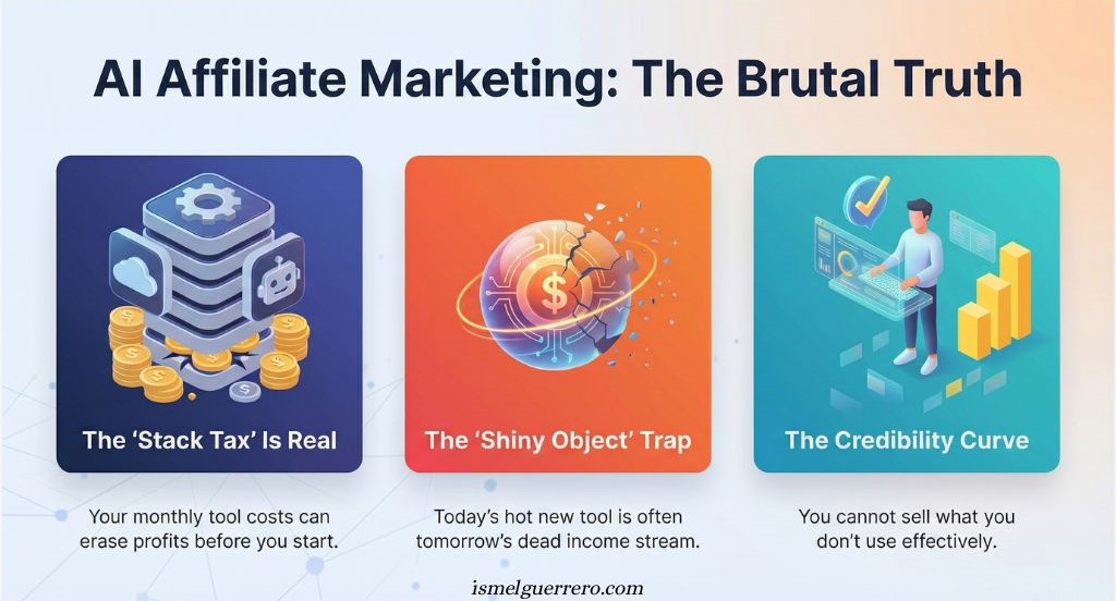 Infographic showing three common affiliate marketing pitfalls: tool stack tax, shiny object trap, and lack of credibility with unfamiliar tools.