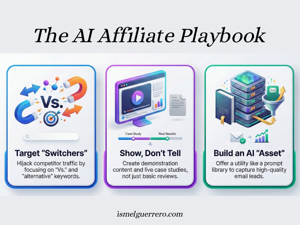 Visual breakdown of AI affiliate strategies: targeting competitors with 'vs' keywords, using case studies to build trust, and building a lead-gen asset like a prompt library.