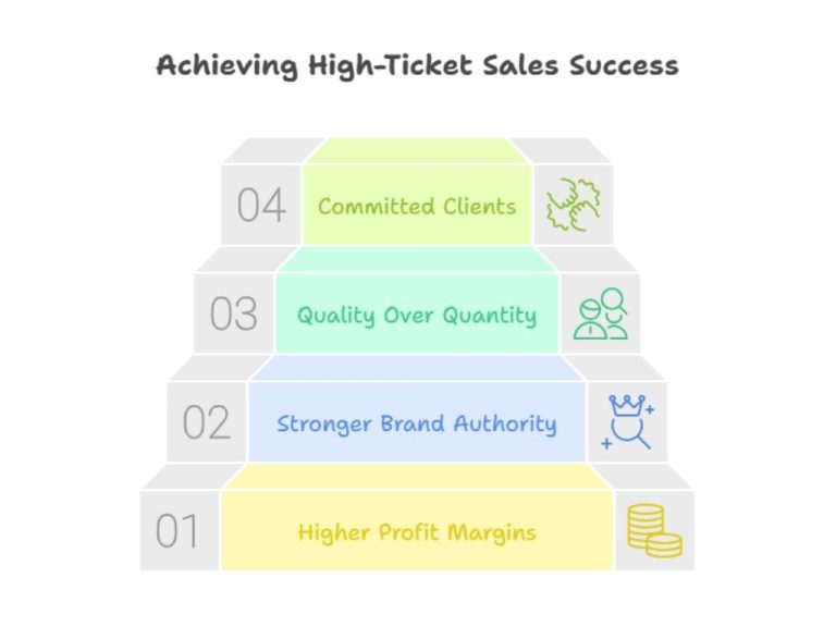 Staircase infographic showing steps to success: profit margins, brand authority, quality, and committed clients.