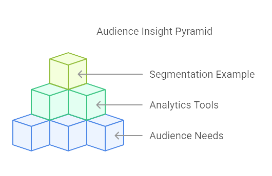 Audience insight pyramid showing layers: Audience Needs, Analytics Tools, and Segmentation Examples.