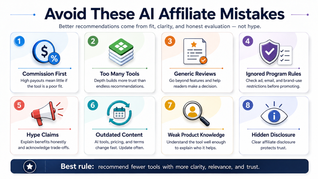 Infographic titled “Avoid These AI Affiliate Mistakes” showing eight mistakes, including commission first, too many tools, generic reviews, ignored program rules, hype claims, outdated content, weak product knowledge, and hidden disclosure.