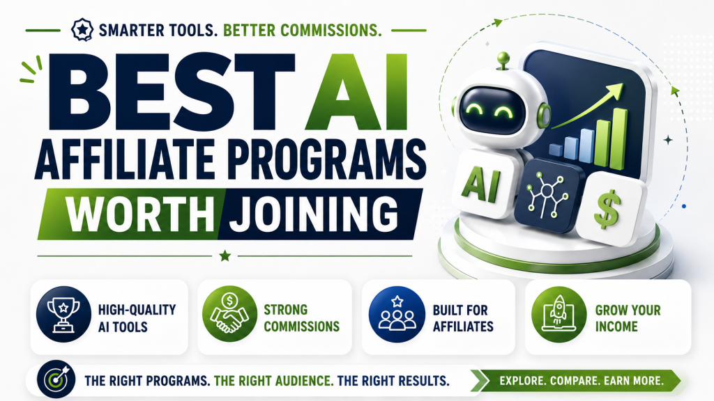 Hero image titled “Best AI Affiliate Programs Worth Joining” showing an AI robot, growth chart, dollar icon, and feature cards for high-quality AI tools, strong commissions, affiliate fit, and income growth.