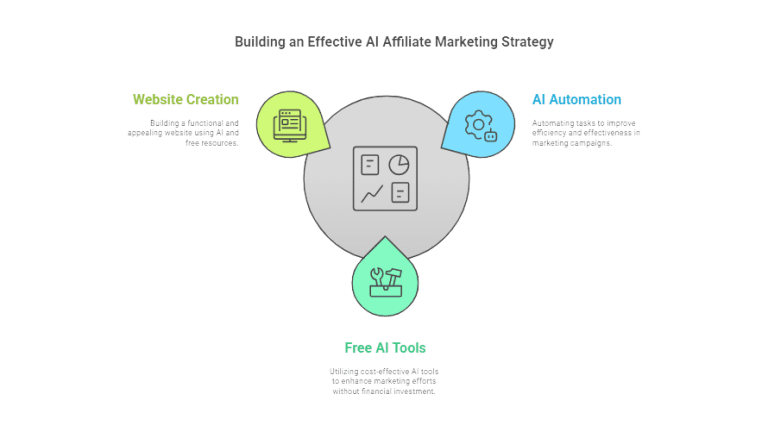 Diagram presenting effective AI strategies for affiliate marketing, focusing on website creation, automation, and free AI tools.