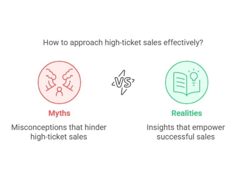 Infographic comparing myths versus realities in high-value sales, emphasizing success through accurate insights.