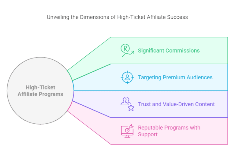 Diagram showcasing dimensions of high-ticket affiliate success, including significant commissions, premium audience targeting, trust-building content, and reputable program support.