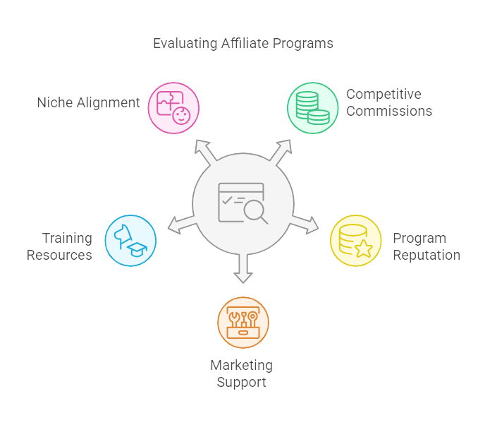 Circular chart illustrating how to evaluate affiliate programs with factors like niche alignment, commissions, program reputation, and support resources.