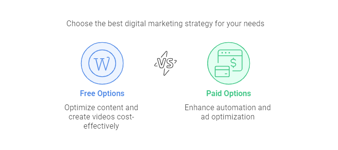 Infographic comparing free and paid digital marketing strategies for content creation, automation, and ad optimization.