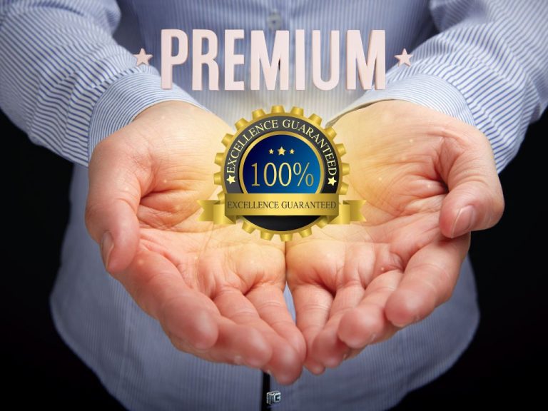Hands holding a golden “100% Excellence Guaranteed” badge with the word “Premium” above, symbolizing high-value service assurance.