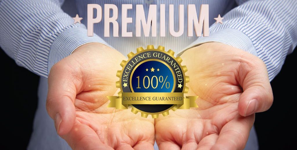 Hands holding a golden “100% Excellence Guaranteed” badge with the word “Premium” above, symbolizing high-value service assurance.