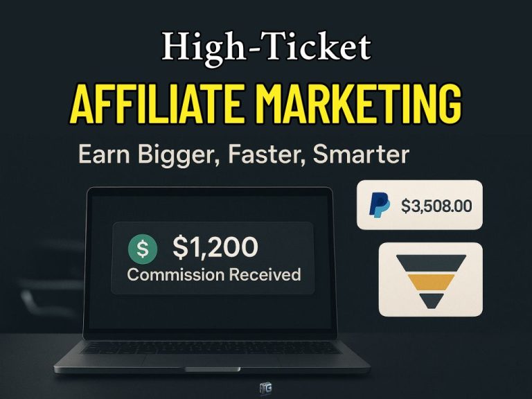 Laptop screen showing a $1,200 affiliate commission with PayPal and funnel icons, representing earnings from high-ticket affiliate marketing.