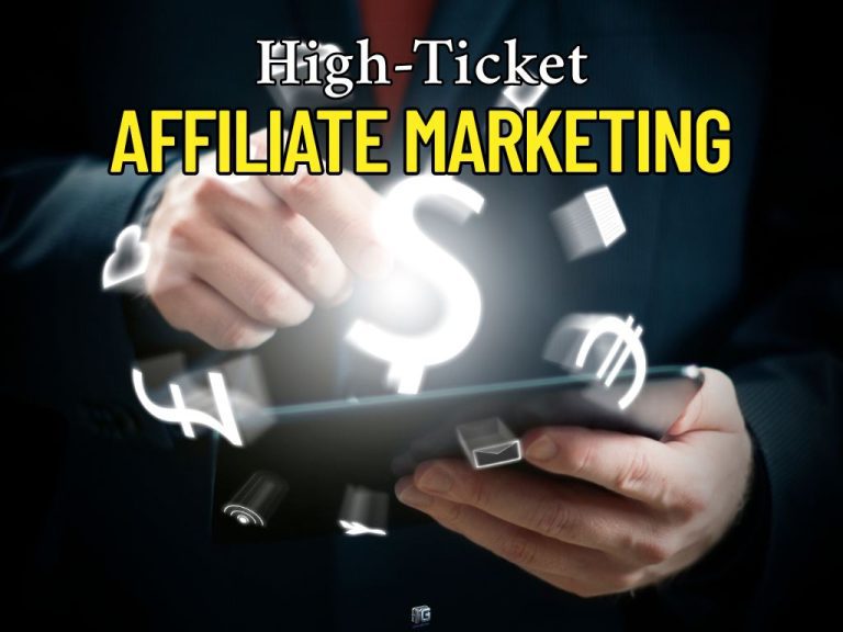 Man in a suit using a tablet with floating dollar signs and digital icons, symbolizing online income from high-ticket affiliate marketing.