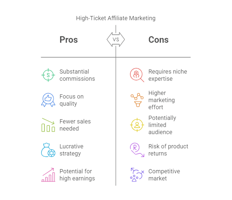 Comparative chart of pros and cons in high-ticket affiliate marketing, including earnings potential, niche expertise, and competition.