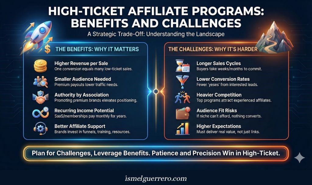 Comparison of benefits and challenges in high-ticket affiliate programs, including revenue, authority, support, sales cycles, and competition.