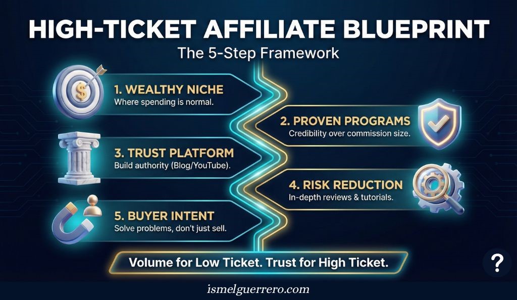 5-step high-ticket affiliate framework: niche, program, platform, risk reduction, and buyer intent mapped visually with icons.