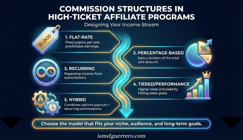 Chart of five high-ticket affiliate commission types: flat-rate, percentage, recurring, tiered, and hybrid each with icon and summary.