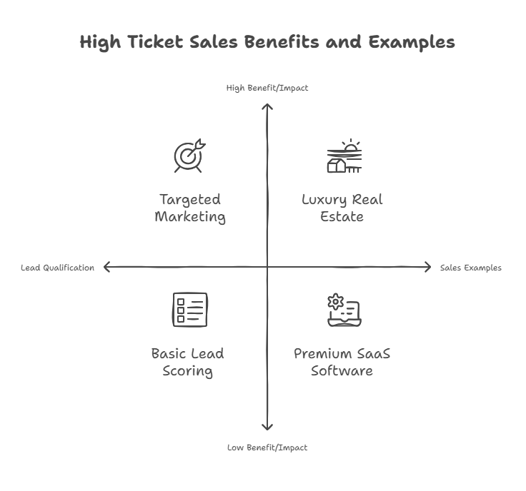 Quadrant diagram showing high-ticket sales benefits and examples, featuring targeted marketing, luxury real estate, basic lead scoring, and premium SaaS software with axes labeled for benefit/impact and sales examples.