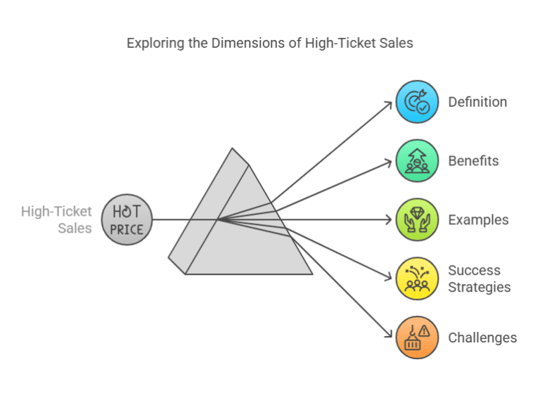 Infographic illustrating high-ticket sales dimensions, including definition, benefits, examples, success strategies, and challenges, organized in a pyramid layout.