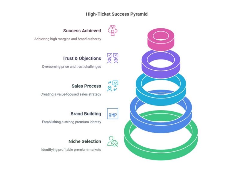 An infographic displaying the high-ticket success pyramid with steps including niche selection, brand building, sales process, trust building, and success achieved.