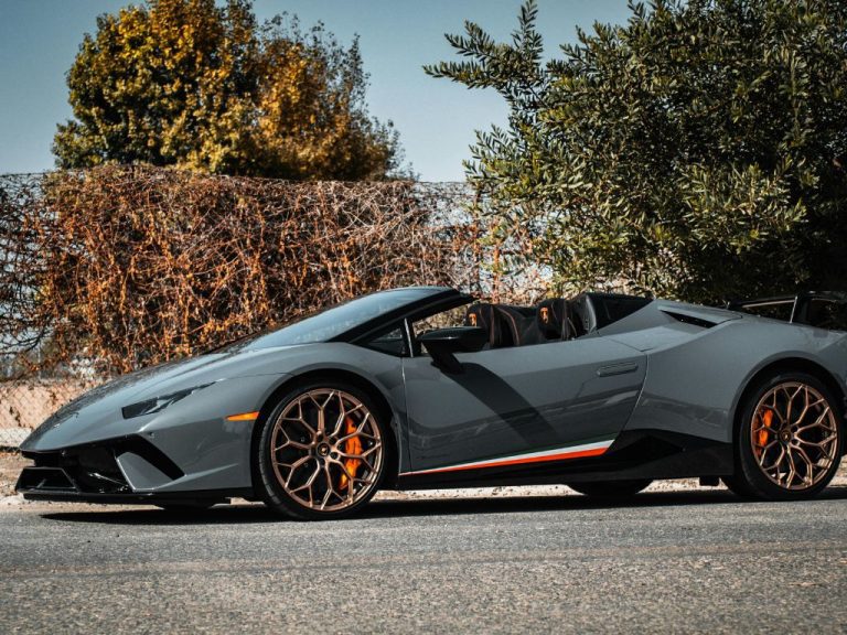 Grey luxury sports car with orange accents parked near greenery.