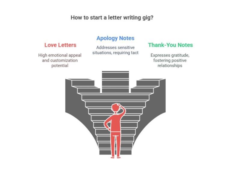 Illustration of a person standing at the base of a staircase, contemplating three types of letters writing gigs like get paid to write: love letters for emotional appeal, apology notes for sensitive situations, and thank-you notes to express gratitude.