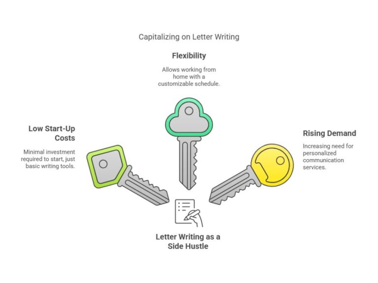 Diagram of three keys highlighting the benefits of letter writing as a side hustle: flexibility with customizable schedules, low start-up costs, and rising demand for personalized communication services.