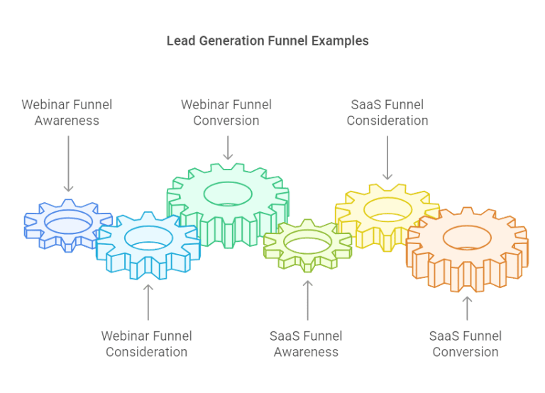 Gear diagram showing webinar and SaaS funnel examples.