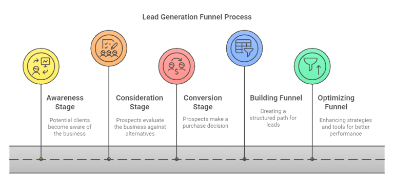 Diagram of the lead generation funnel process with stages: Awareness, Consideration, Conversion, Building Funnel, and Optimizing Funnel.