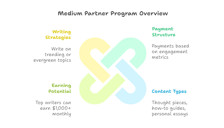 Diagram of Medium Partner Program with writing strategies, earning potential, and content types that will pay you to write.