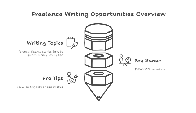 Get Paid to write: Graphic of writing opportunities at MoneyPantry, including topics and pay range.