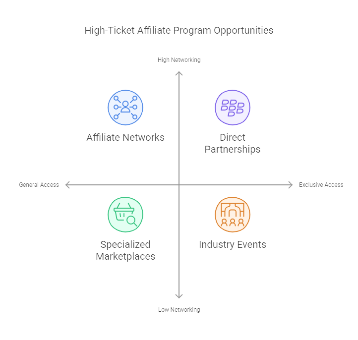 Quadrant graph of high-ticket affiliate program opportunities, highlighting affiliate networks, direct partnerships, specialized marketplaces, and industry events.