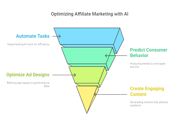 Funnel diagram illustrating AI’s impact on tasks, consumer behavior, ad design, and content creation for affiliate marketing.